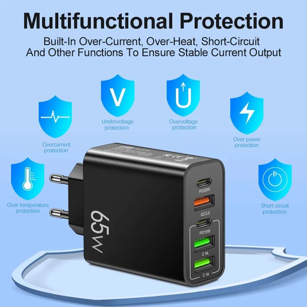 PD 20W USB Fast Charger 5Ports Total 65W USB C Charger Quick Charge