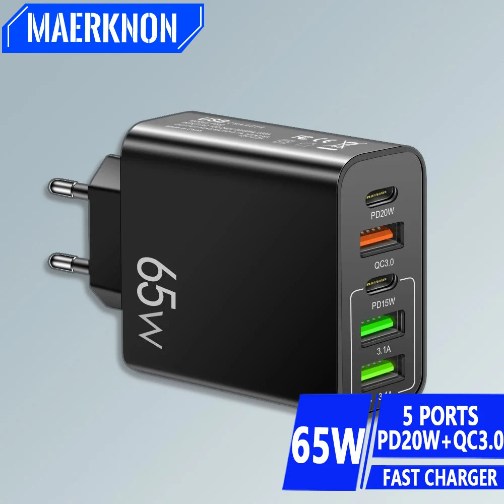 PD 20W USB Fast Charger 5Ports Total 65W USB C Charger Quick Charge