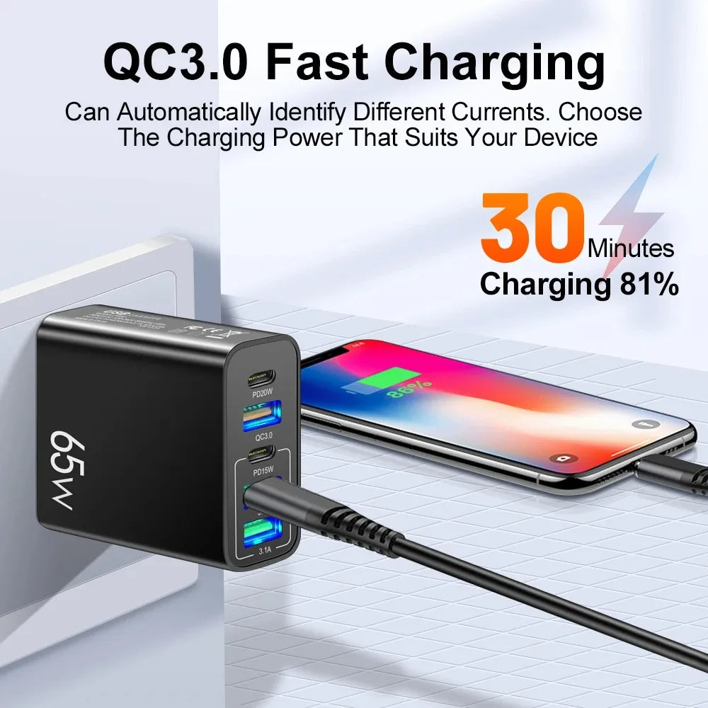 PD 20W USB Fast Charger 5Ports Total 65W USB C Charger Quick Charge