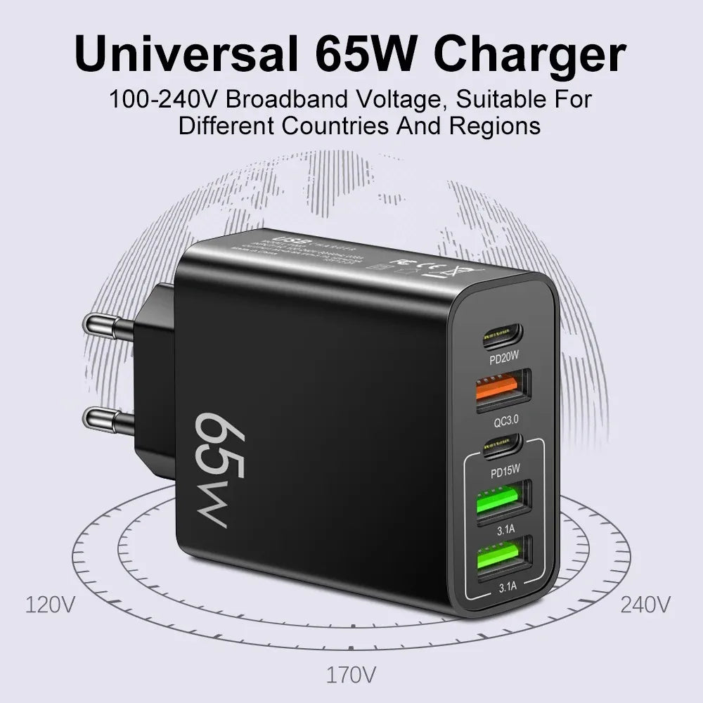 PD 20W USB Fast Charger 5Ports Total 65W USB C Charger Quick Charge