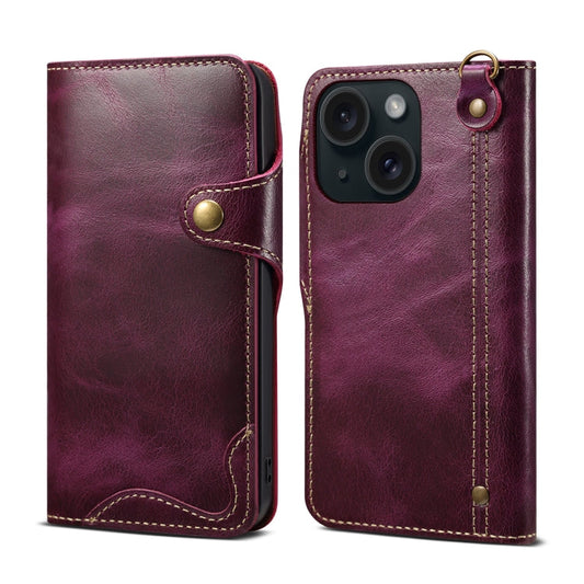 For iPhone 13 Denior Oil Wax Cowhide Magnetic Button Genuine Leather