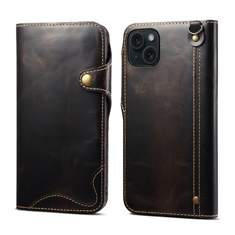 For iPhone 15 Denior Oil Wax Cowhide Magnetic Button Genuine Leather