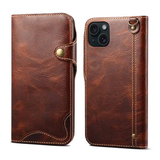 For iPhone 15 Denior Oil Wax Cowhide Magnetic Button Genuine Leather