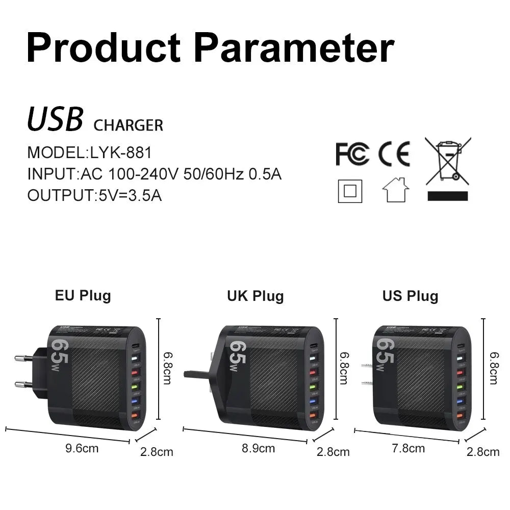 3.1A 5Ports USB Charger PD Charging Adapter For Xiaomi iPhone 13