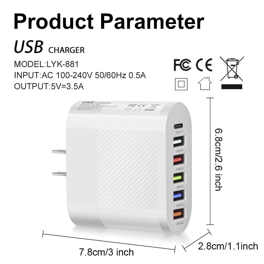 6 Ports USB Type C Charger PD Fast Charging Adapter Quick Charge3.0