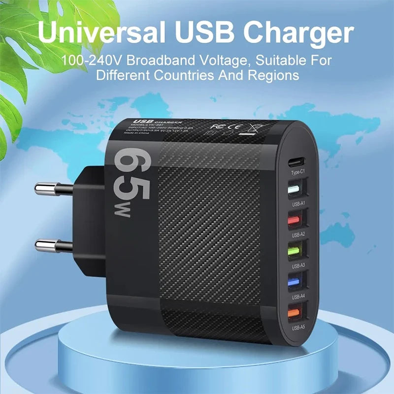 3.1A 5Ports USB Fast Charger PD Type C Charging Adapter For Xiaomi