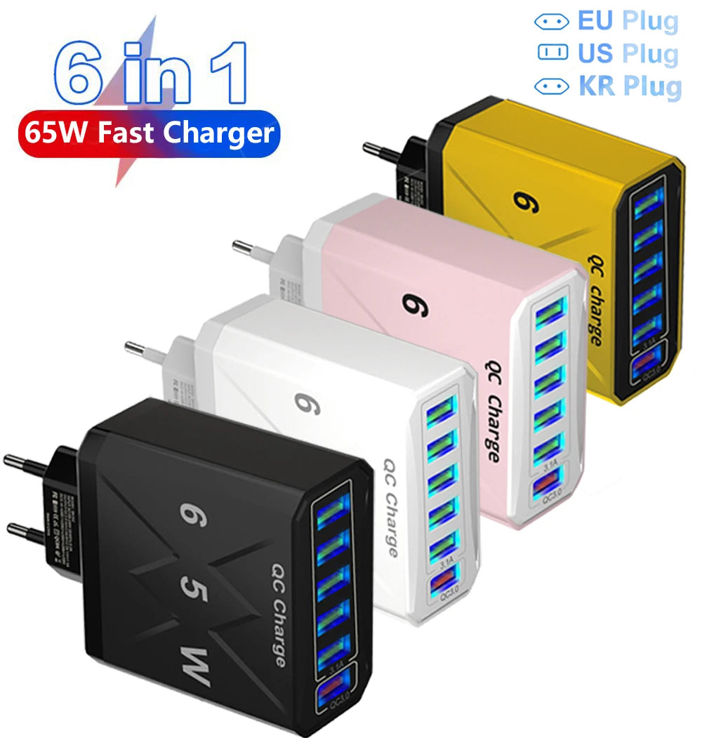 3.1A USB Fast Phone Charger Adapter 6 In1 Mulit Plug Travel Charger