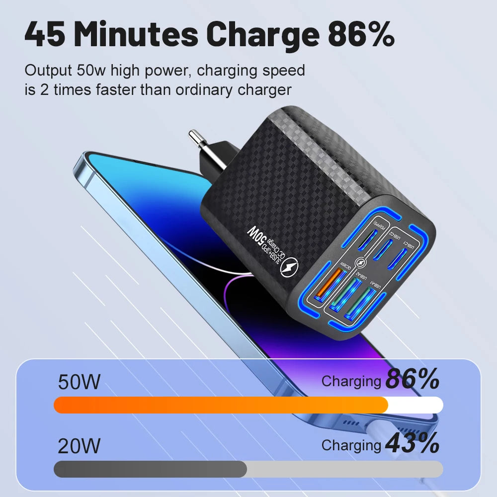 Total 150W USB Charger 6 Ports Type C Fast Charging Mobile Phone Wall