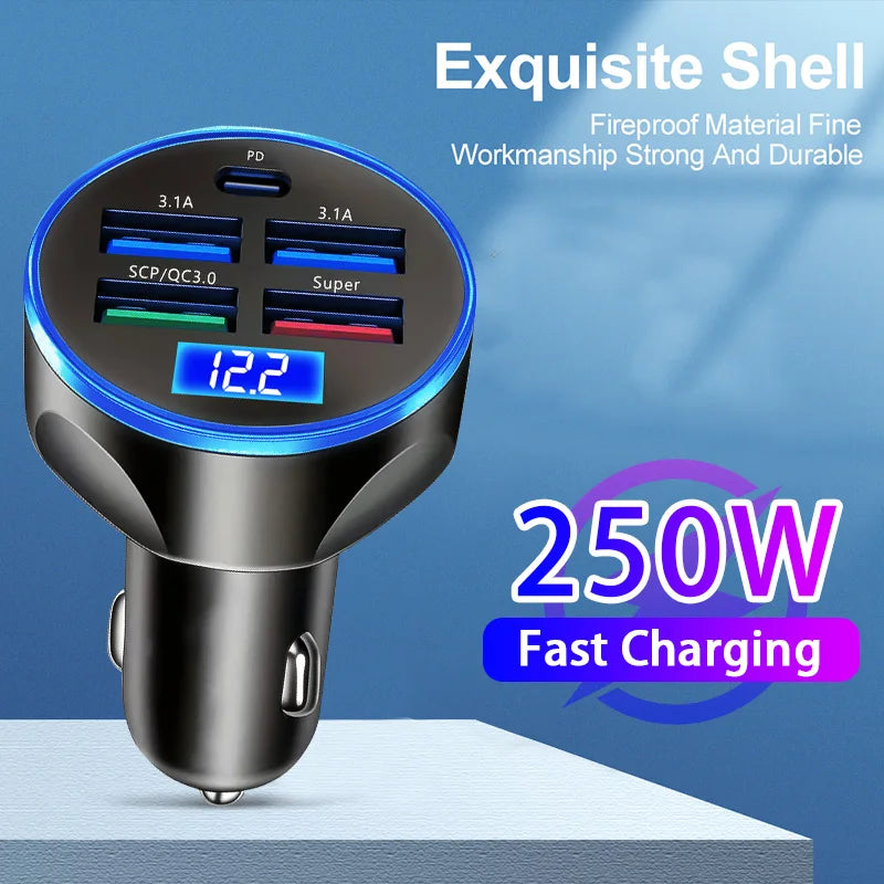 250W 5in1 Car Charger Adapter USB Type C PD Fast Charging Quick Charge