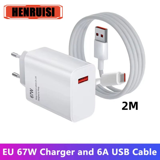 67W USB Fast Charger 6A Type C Cable Phone Power Adapter For Xiaomi Mi