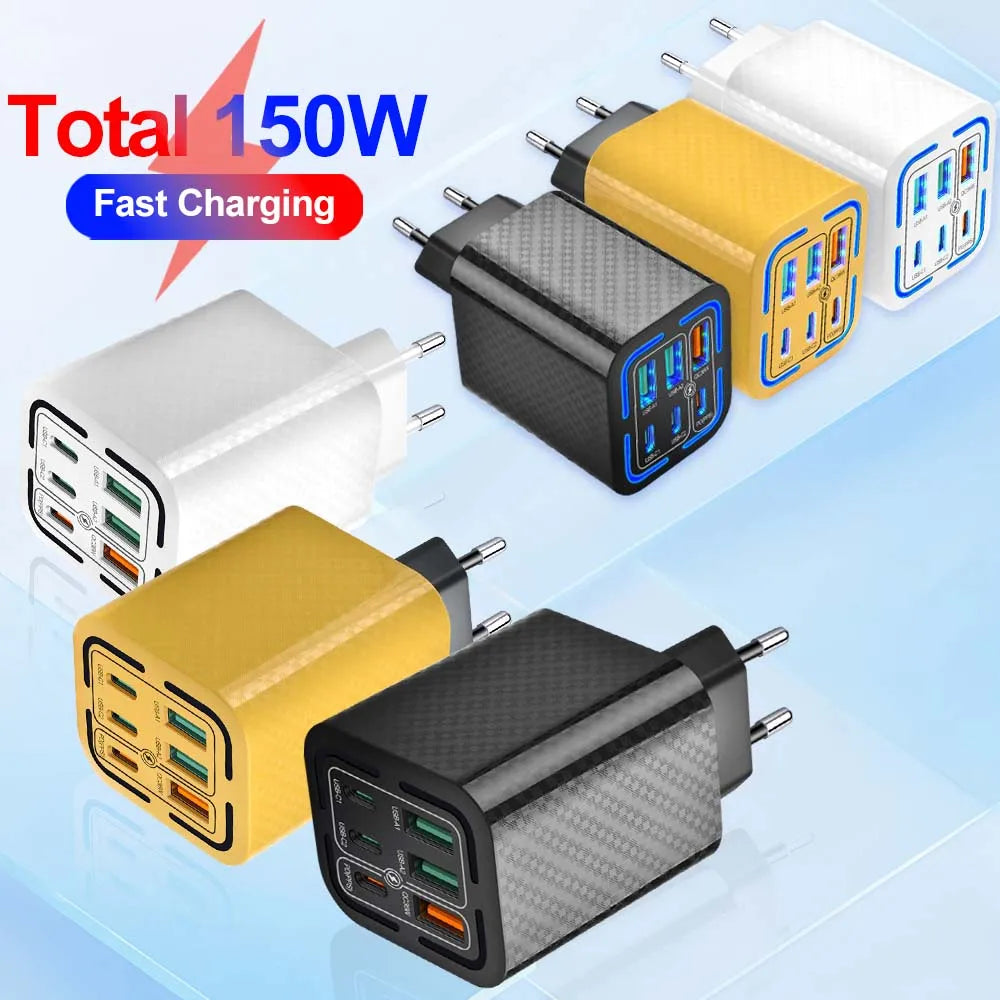 Total 150W USB Charger 6 Ports Type C Fast Charging Mobile Phone Wall