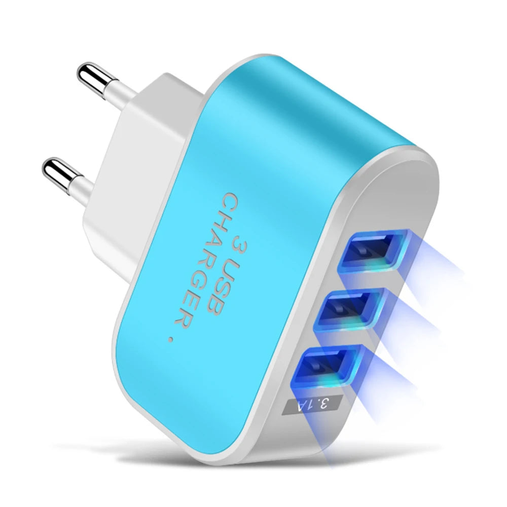 3USB EU US Plug LED Mobile Phone Chargers Multi-Head Travel Charger