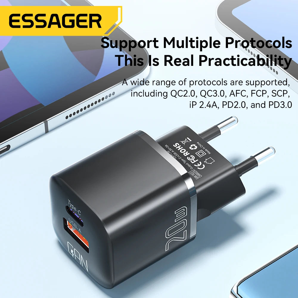 Essager 20W GaN USB Type C Charger PD Fast Charge Phone QC 3.0 Quick