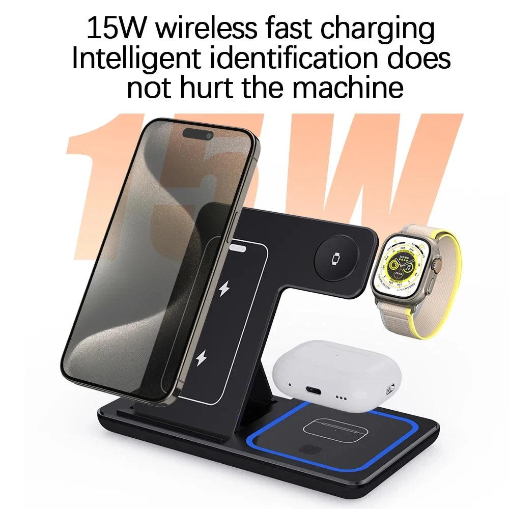 3 In 1 Foldable Wireless Charger Stand For iPhone 15 14 13 12 Pro Max