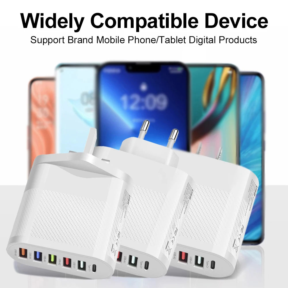 6 Ports USB Type C Charger PD Fast Charging Adapter Quick Charge3.0