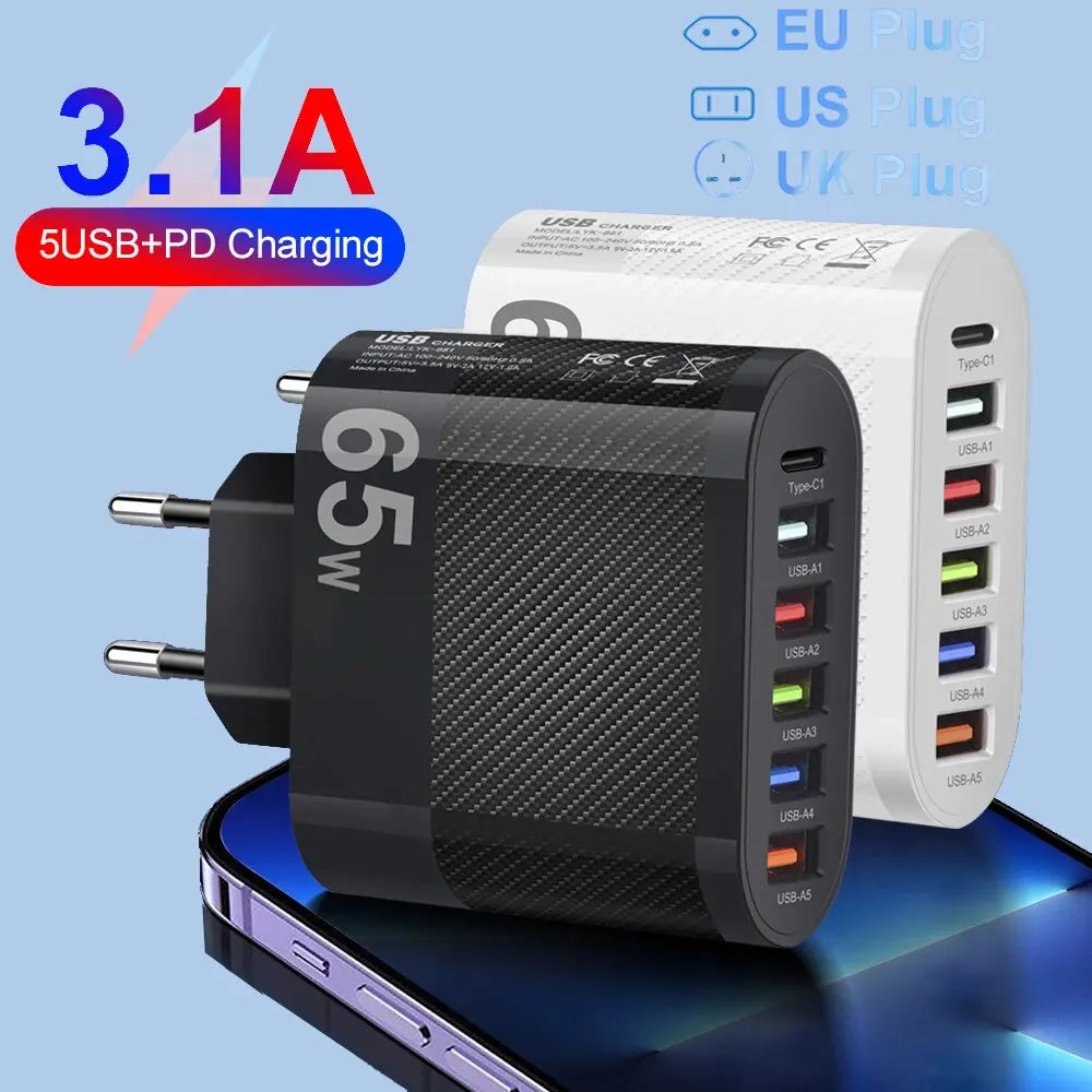 3.1A 5Ports USB Charger PD Charging Adapter For Xiaomi iPhone 13