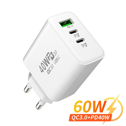 Total 60W USB PD Fast Charger 3 Ports EU/US Plug Wall Charger Adapter