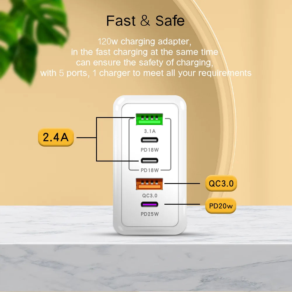 USB C Charger Fast Charging Type C 3 PD + 2 USB QC3.0 Mobile Phone