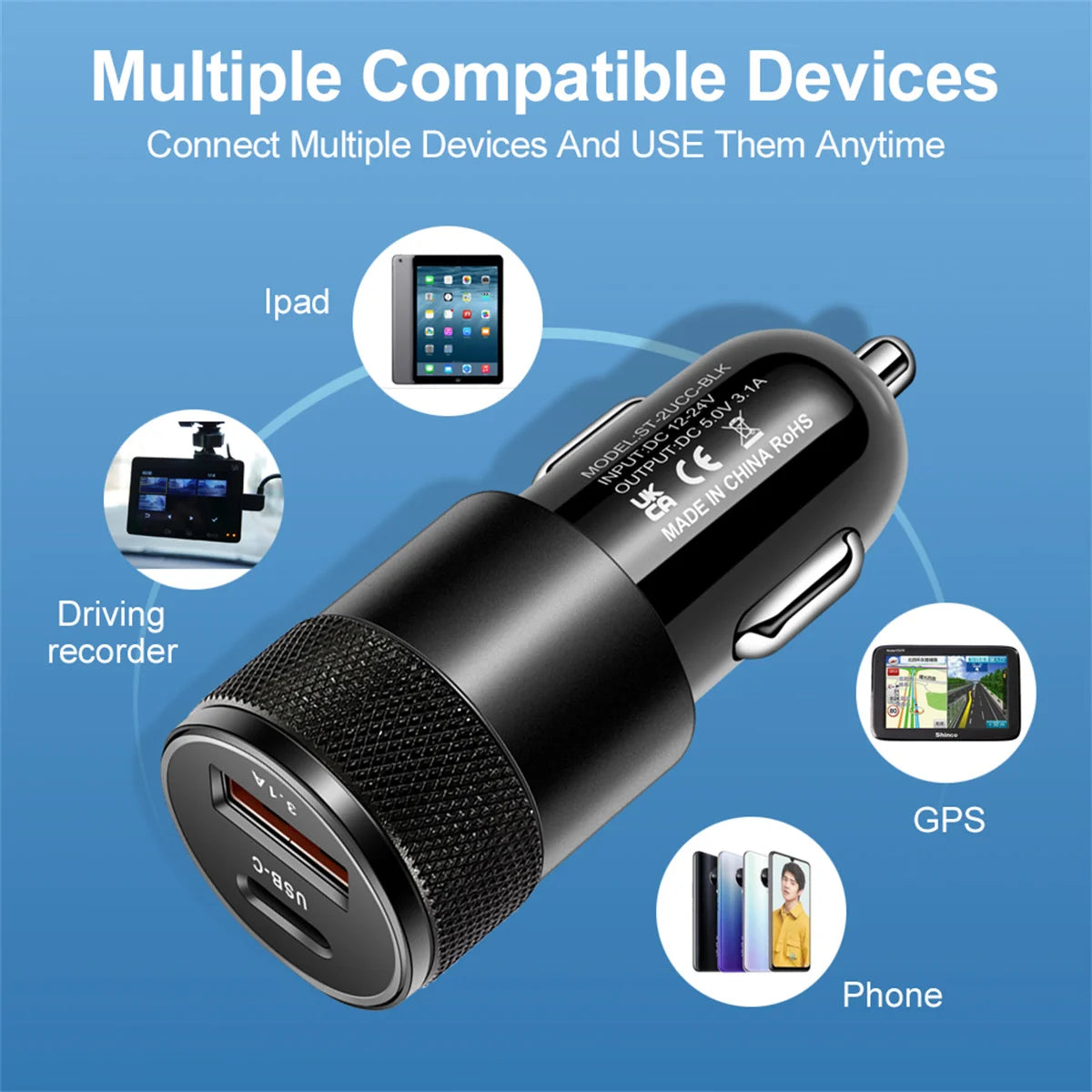 3.1A USB Car Charger Type C Fast Charging Phone Adapter For Xiaomi