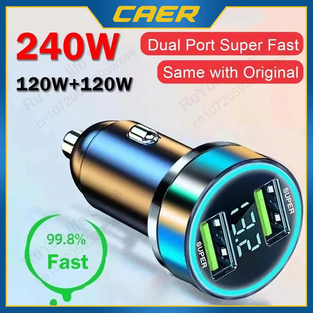 240W Car Charger Dual USB Ports 120W Super Fast Charging with Digital