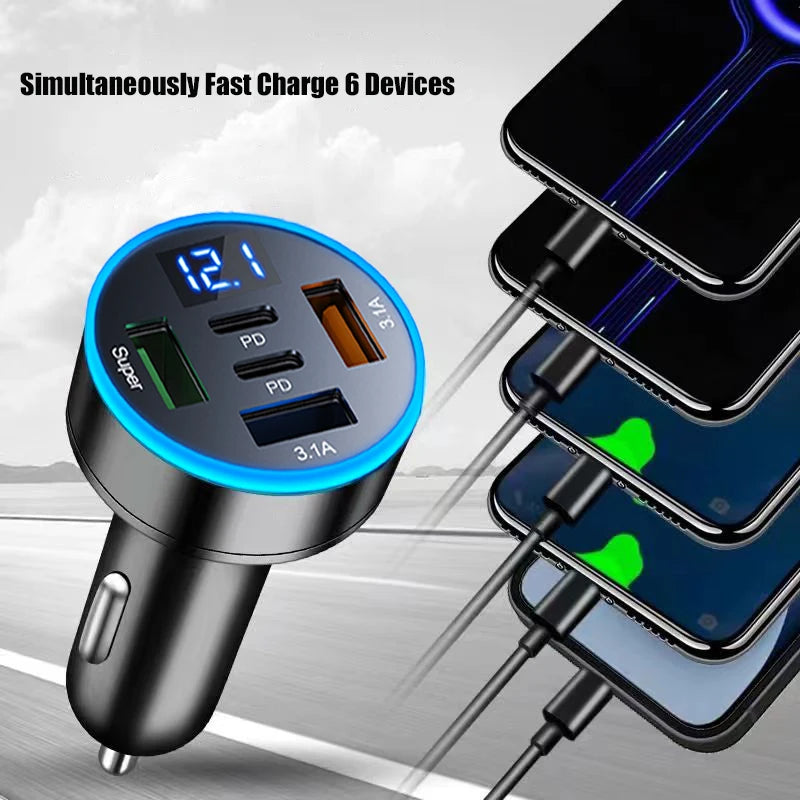 UYUXIO USB C Car Charger Adapter with Voltage Display 2 PD and 3 USB A