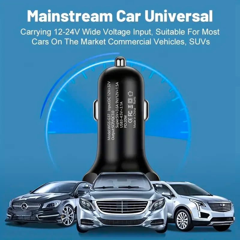 250W 5 in 1 USB Car Charger Type C PD 12V Cigar Jack Fast Charging