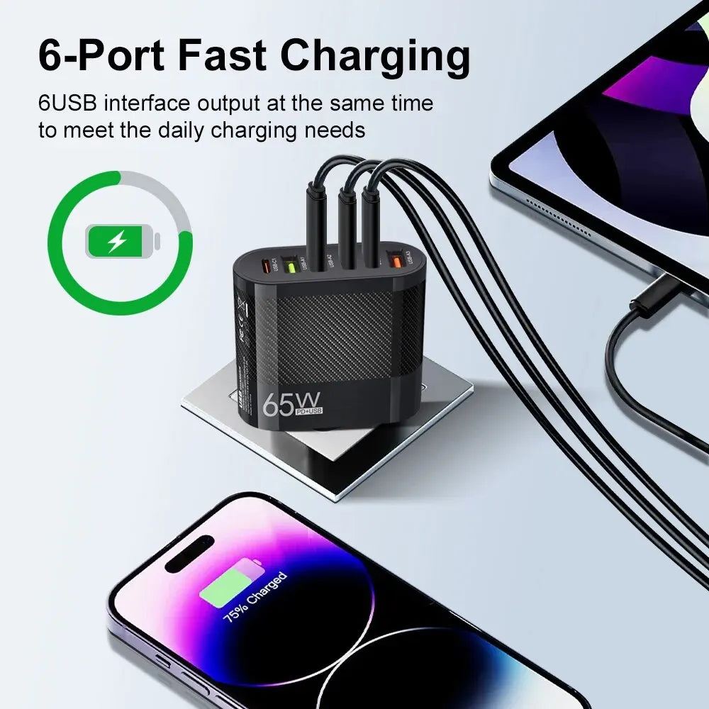 3.1A 6 in 1 3USB 3PD Charger QC3.0 Fast Charging Quick Charger For