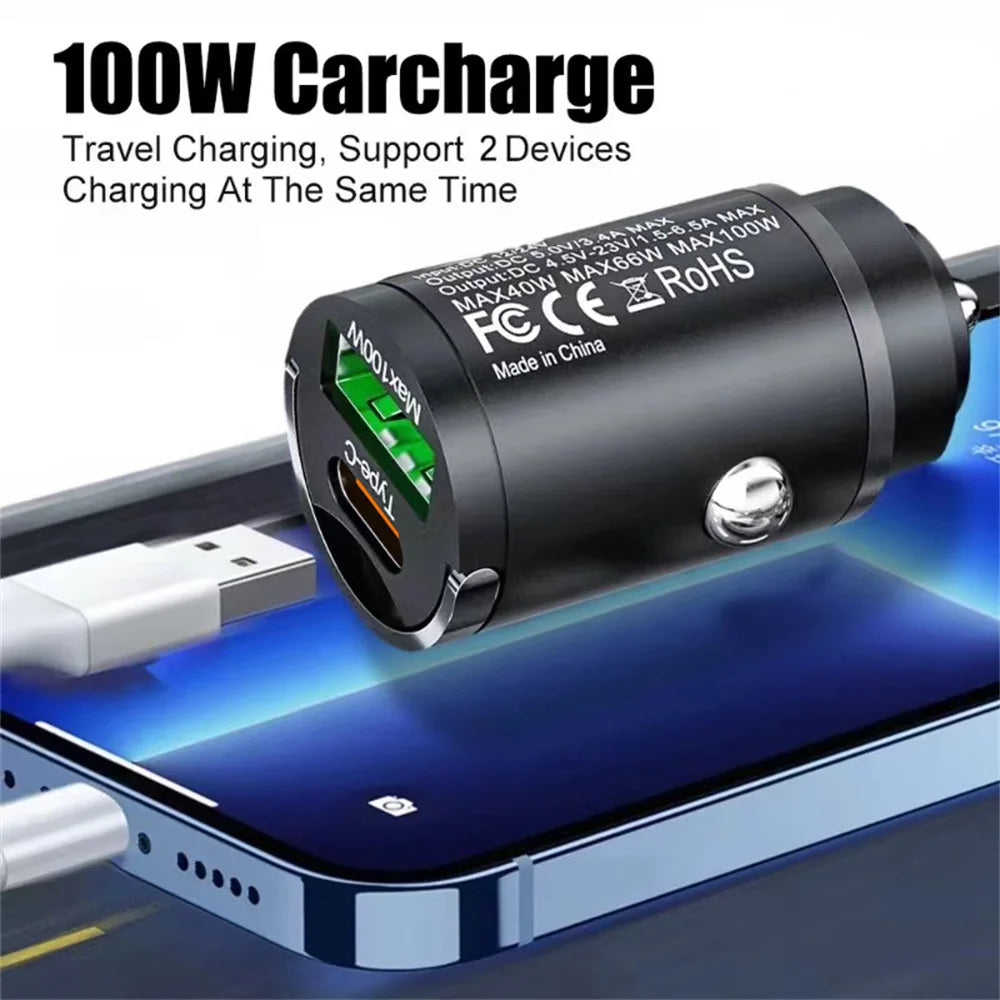 USB 100W Car Charger Type C Fast Charging Phone Adapter QC3.0 For