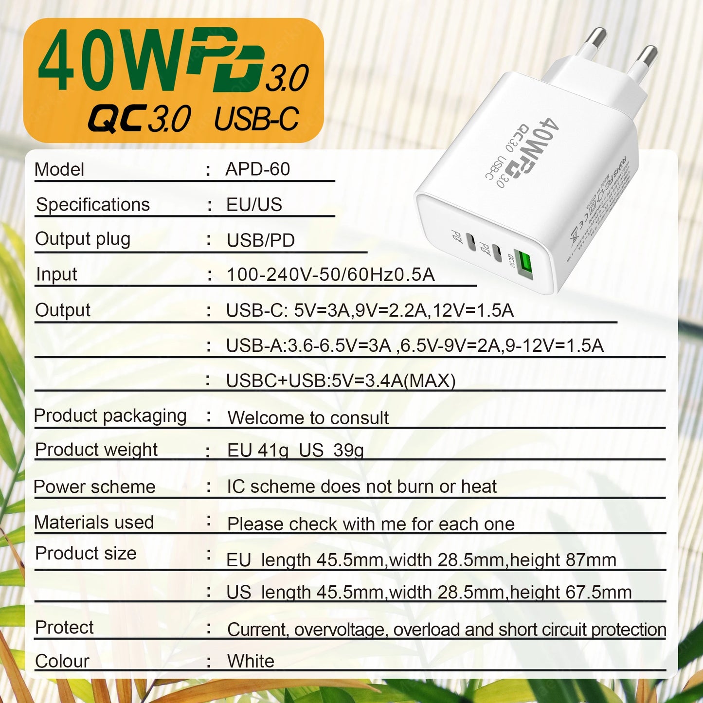 Total 60W USB PD Fast Charger 3 Ports EU/US Plug Wall Charger Adapter