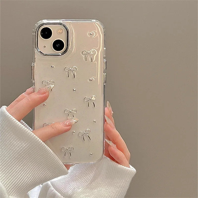 INS Japan Korea Silver Bowknot Phone Case For iPhone 15 16 14 13 12 11