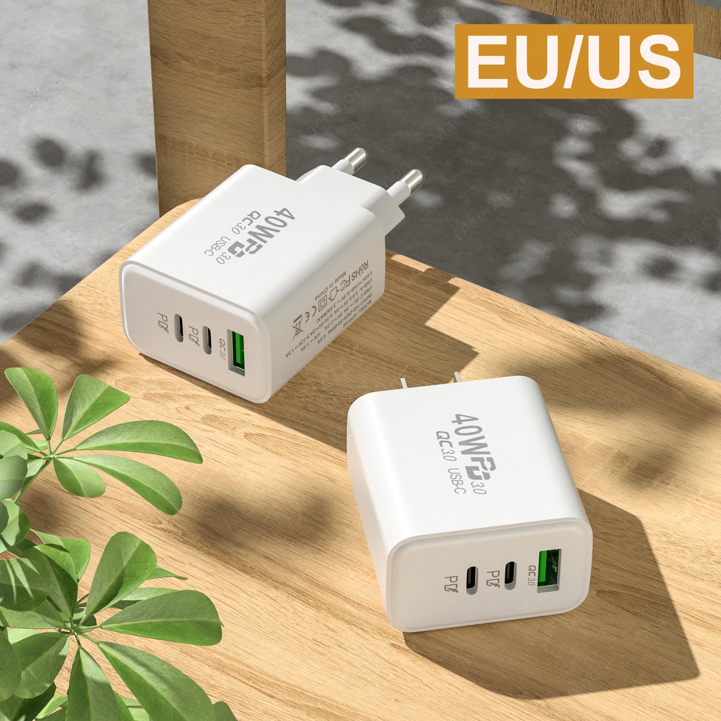 Total 60W USB PD Fast Charger 3 Ports EU/US Plug Wall Charger Adapter