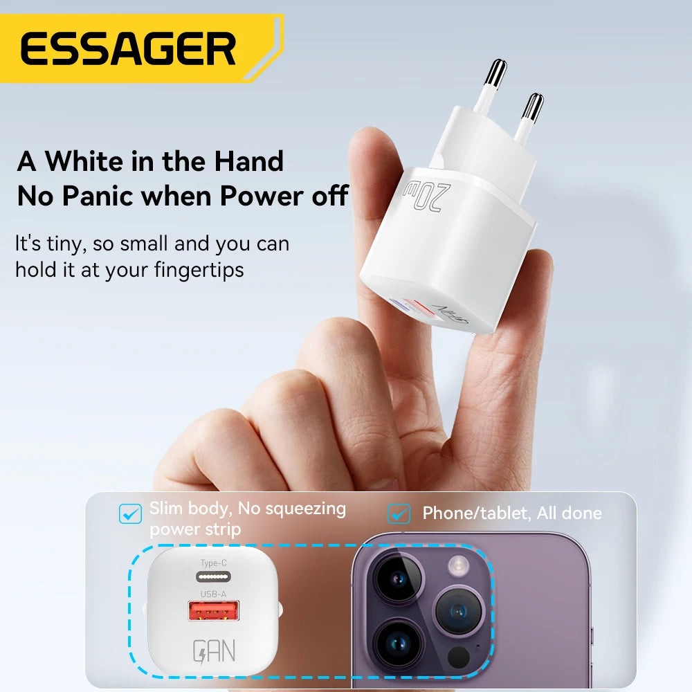 Essager 20W GaN USB Type C Charger PD Fast Charge Phone QC 3.0 Quick