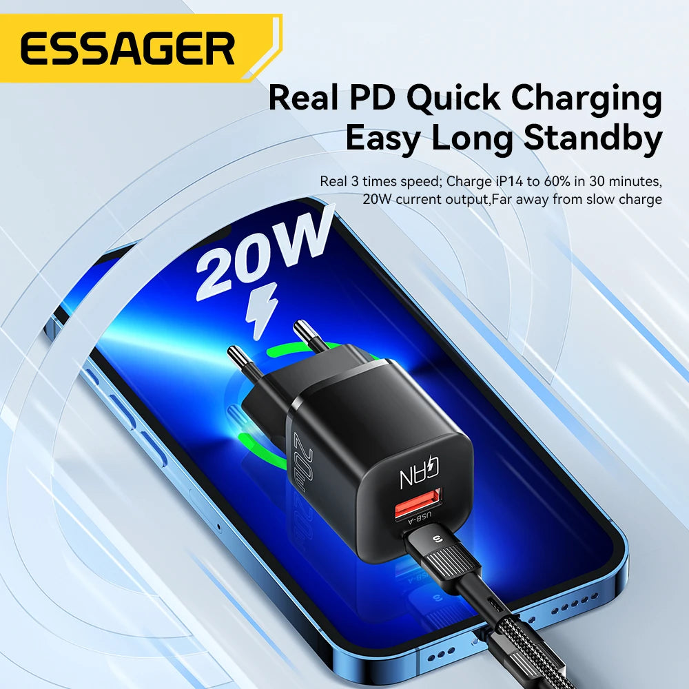 Essager 20W GaN USB Type C Charger PD Fast Charge Phone QC 3.0 Quick