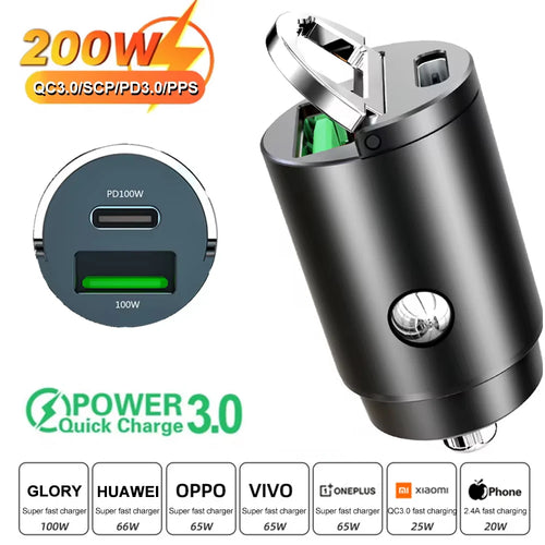 Mini 200W PD QC Pull Ring Fast Charging Car Charger USB C Car Phone