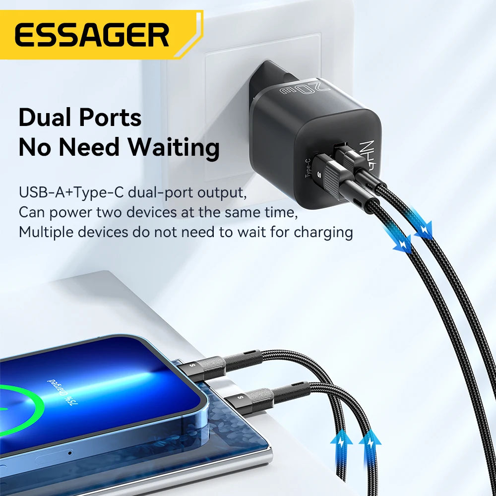 Essager 20W GaN PD USB C Charger for iPhone 15 13 12 11 Pro Max Phone