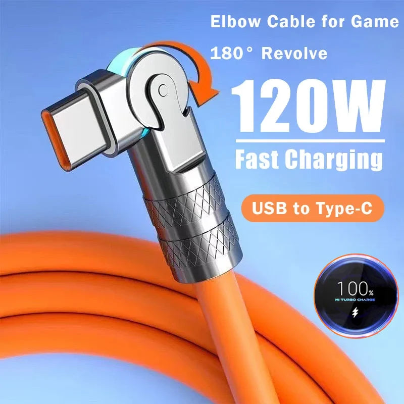 120w 6A Fast Charge Usb Type C Data Cable 180 Degree Rotating Gaming