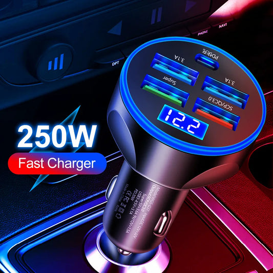 250W 5 in 1 USB Car Charger Type C PD 12V Cigar Jack Fast Charging