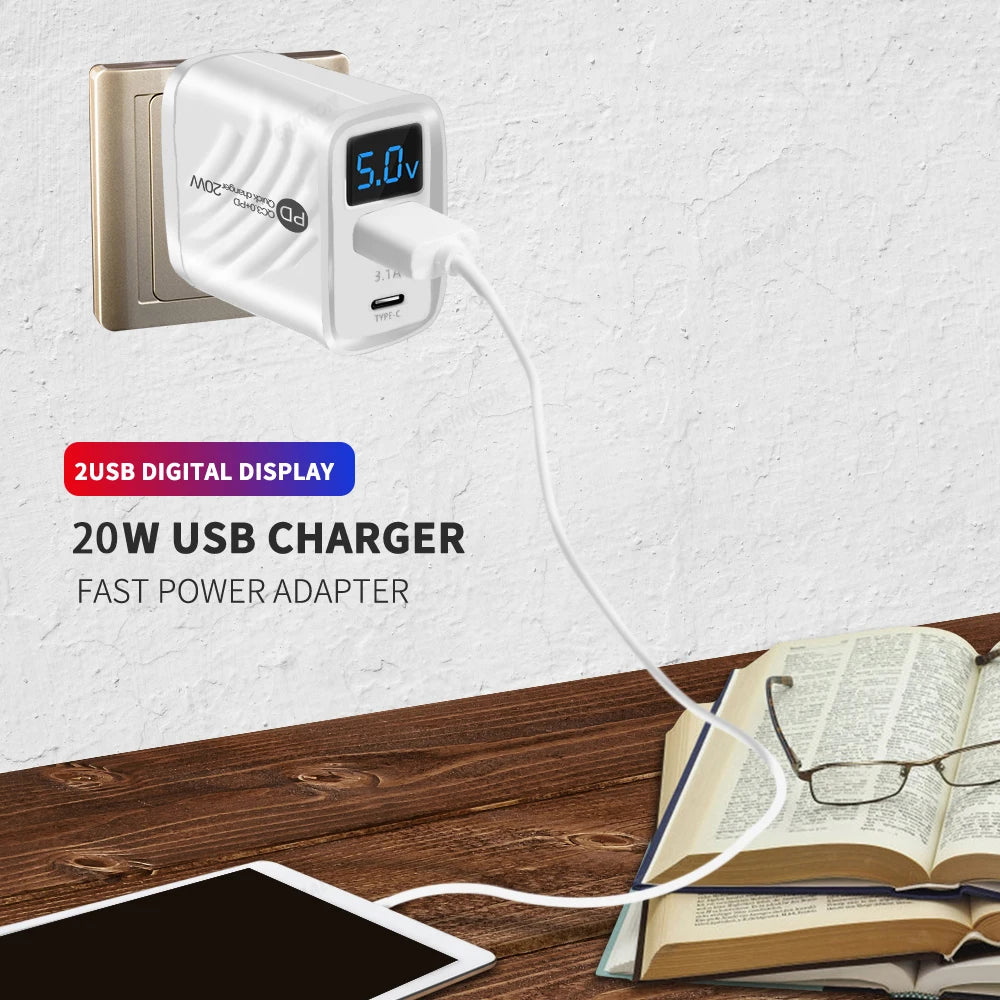 USB Type C Charger 20W PD Fast Charging Digital Display Phone Charge