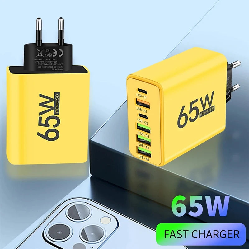 65W Fast Charging USB Type C Charger 6 Port EU US PD 3.0 Quick Charge