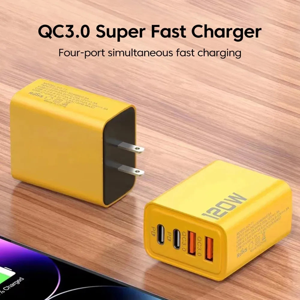 Total 120W USB Fast Charger Type C PD Phone Charger Adapter Quick