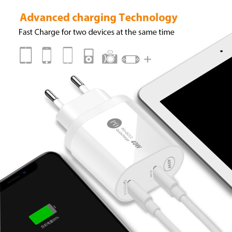 002 40W Dual Port PD / Type-C Fast Charger with USB-C to 8 Pin Data