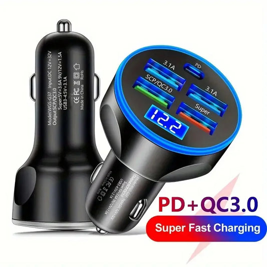 250W 5in1 Car Charger Adapter USB Type C PD Fast Charging Quick Charge