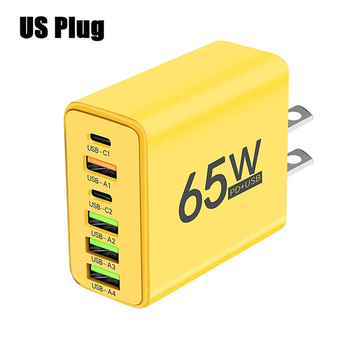 65W Fast Charging USB Type C Charger 6 Port EU US PD 3.0 Quick Charge