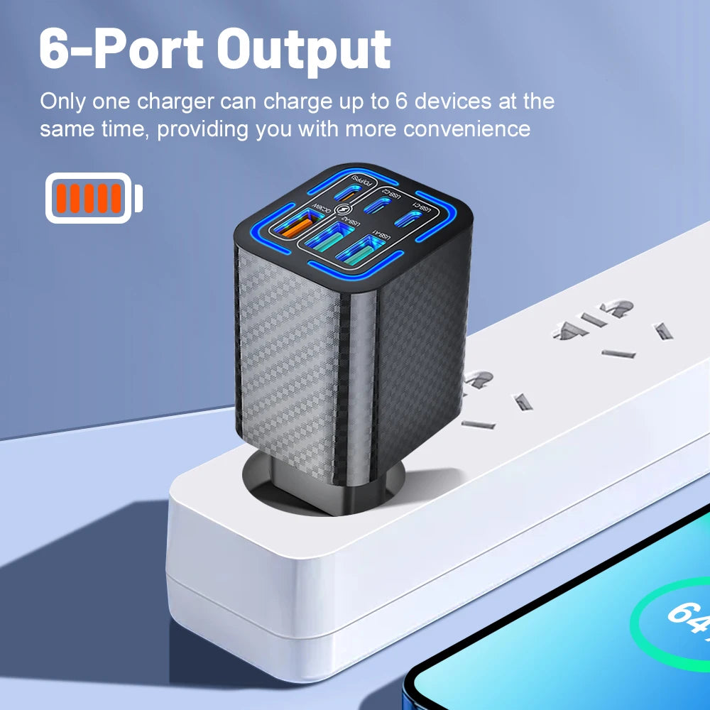 Total 150W USB Charger 6 Ports Type C Fast Charging Mobile Phone Wall