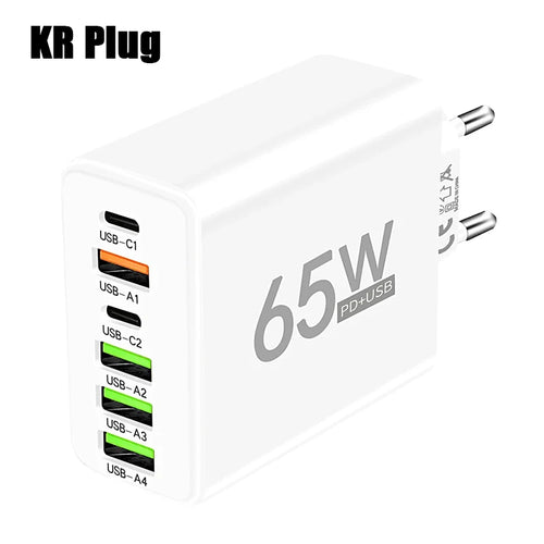 65W Fast Charging USB Type C Charger 6 Port EU US PD 3.0 Quick Charge