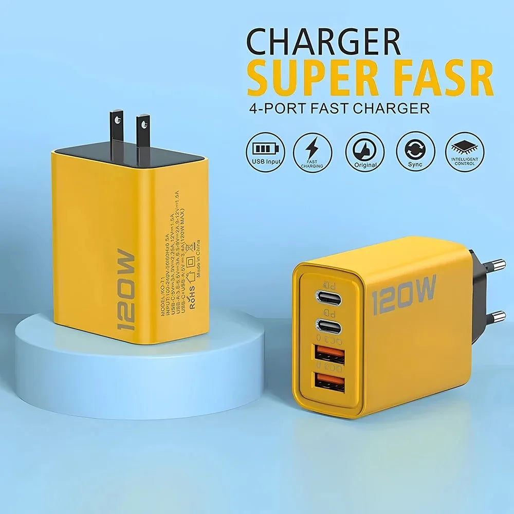 Total 120W USB Fast Charger Type C PD Phone Charger Adapter Quick