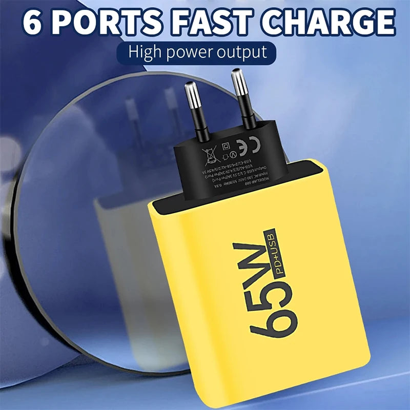 65W Fast Charging USB Type C Charger 6 Port EU US PD 3.0 Quick Charge