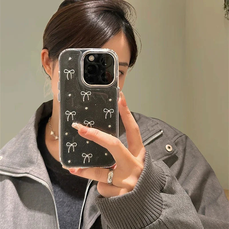 INS Japan Korea Silver Bowknot Phone Case For iPhone 15 16 14 13 12 11