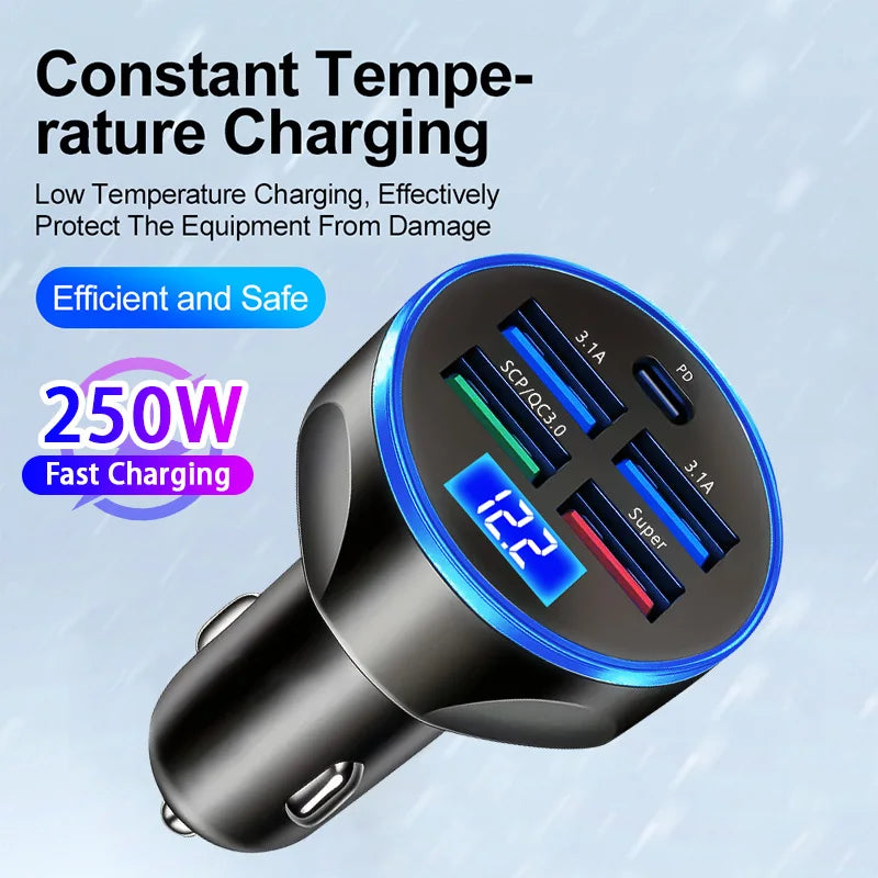 250W 5in1 Car Charger Adapter USB Type C PD Fast Charging Quick Charge