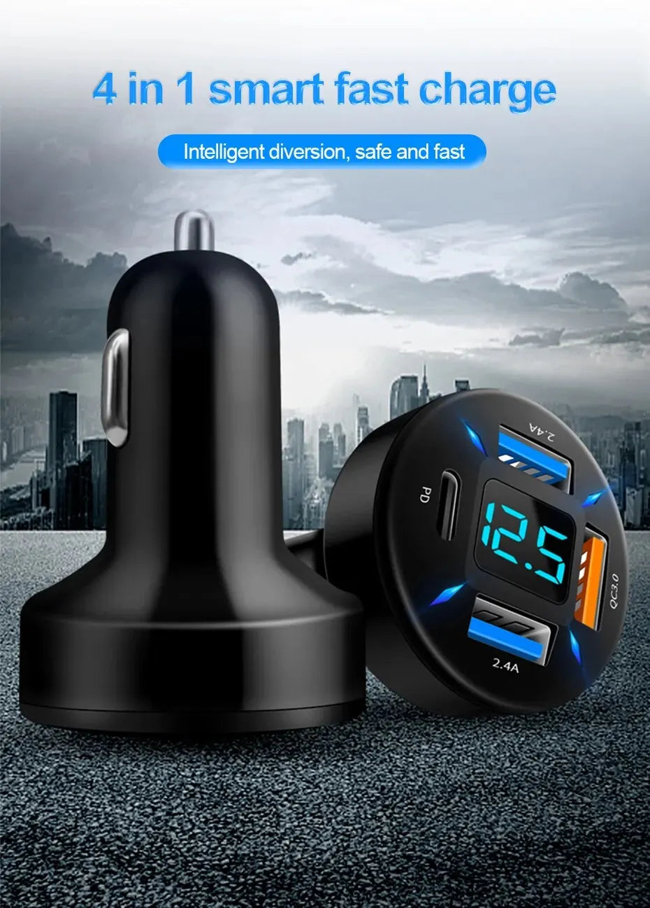 4 Ports USB Car Charger Fast Charging PD Quick Charge 3.0 USB C Car